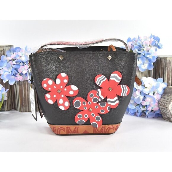 MCM Red Black Goatskin Mini Upcycling Project Flower Milano Drawstring Bag NWT - Picture 1 of 9
